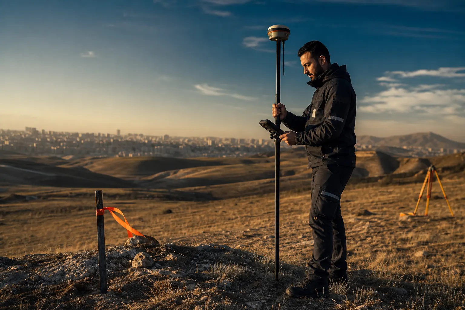 Ankara plankote ölçümü yapan harita mühendisi, GNSS rover ile arazide